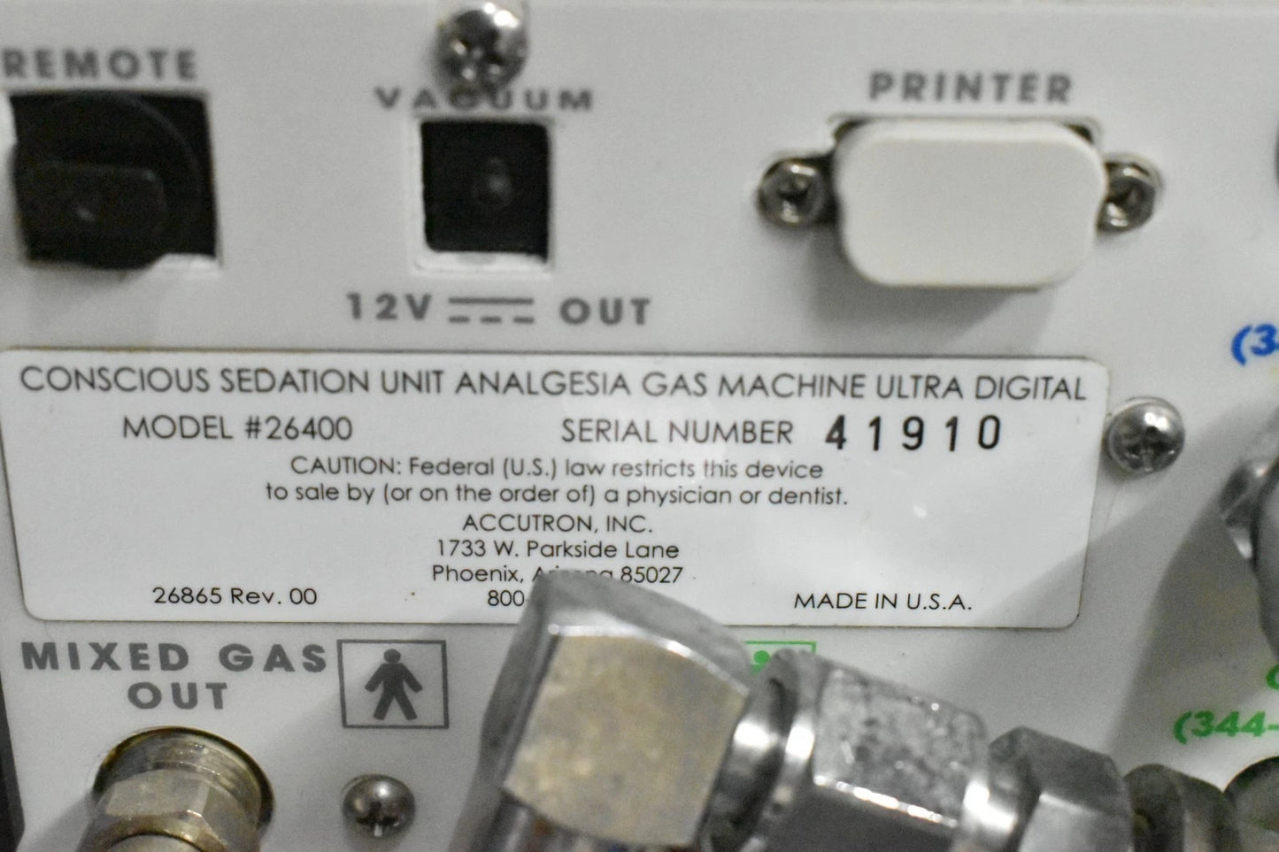 Accutron Conscious Sedation Unit Analgesia Gas Machine Ultra Digital 26400